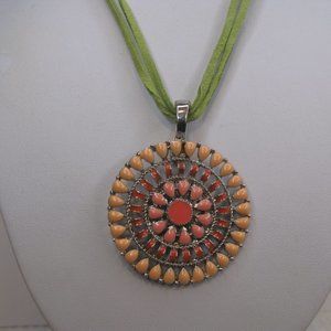 Orange Flower Silver Medallion Pendant Bead Clasp Necklace